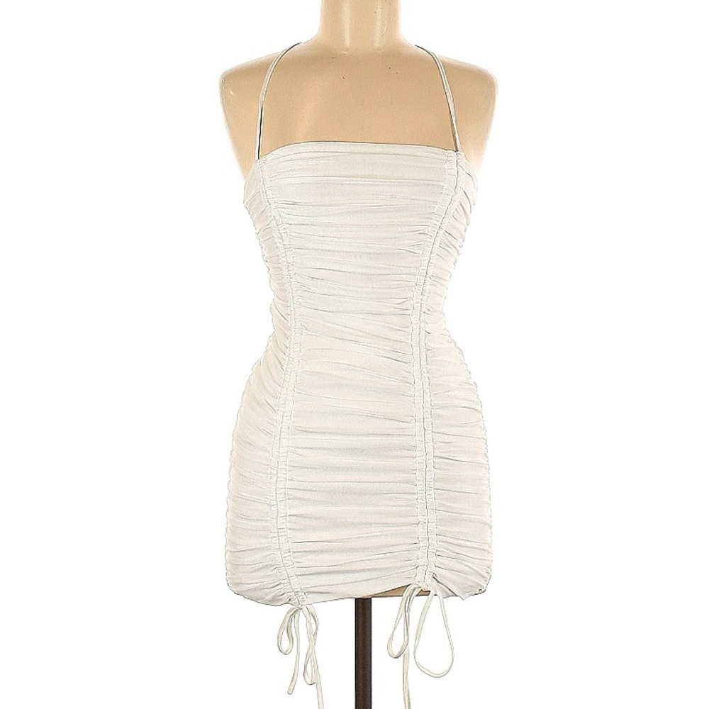 NWOT Tiger Mist ruched white satin mini dress with adjustable corset ties